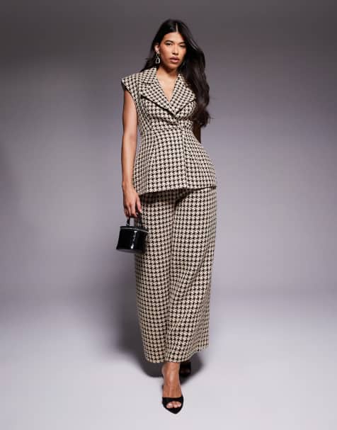 ASOS LUXE co-ord houndstooth trousers in chocolate - view 1