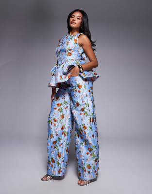 ASOS LUXE ASOS LUXE co-ord jacquard barrel leg trouser in capri floral-Blue