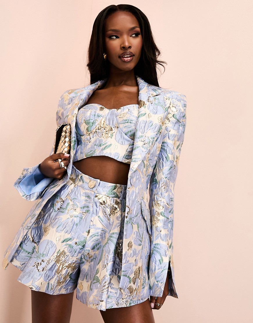 ASOS LUXE co-ord jacquard blazer with shoulder pads in blue floral print-Multi