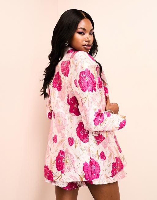 ASOS LUXE co ord jacquard blazer with shoulder pads in pink floral