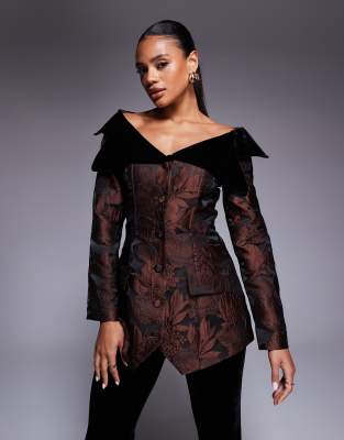 ASOS LUXE co-ord jacquard off shoulder blazer with velvet detail in chocolate floral-Multi