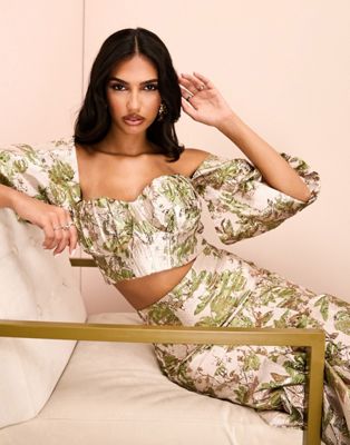 ASOS LUXE co-ord jacquard off shoulder crop top in green and gold floral