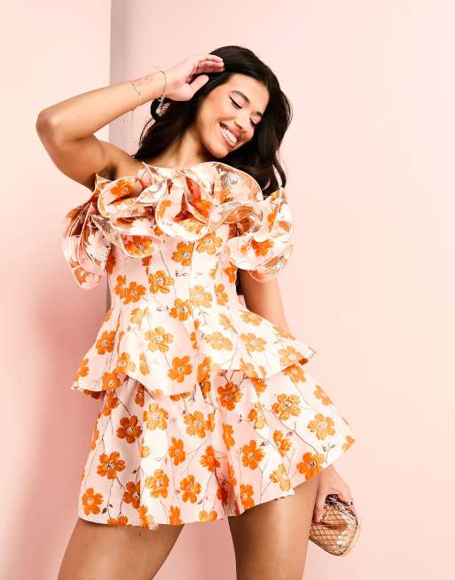 ASOS LUXE co-ord jacquard off shoulder peplum top with frill detail in  orange floral