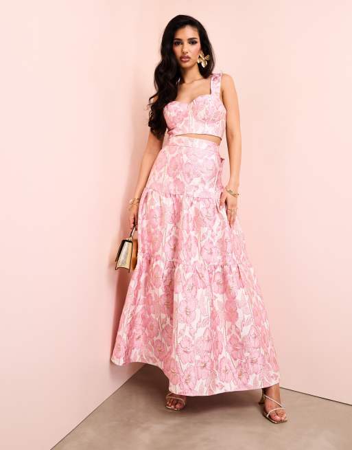 ASOS LUXE co-ord jacquard tiered maxi skirt with bow back in pink floral  print