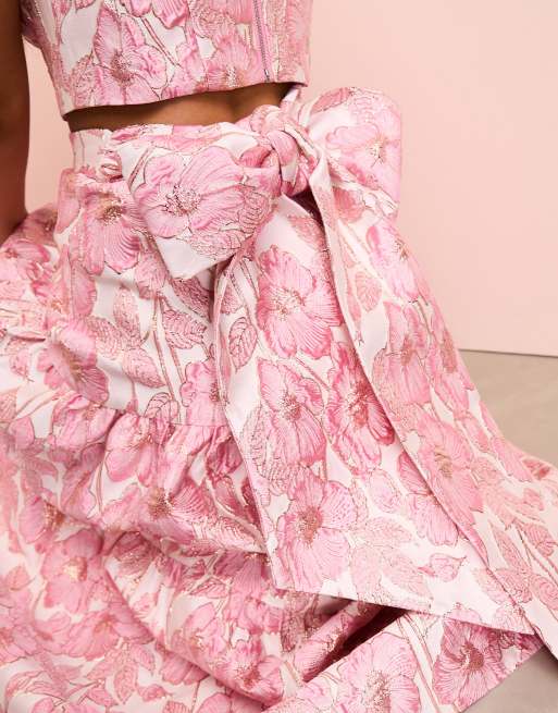 ASOS LUXE co-ord jacquard tiered maxi skirt with bow back in pink floral print, 2 of 5