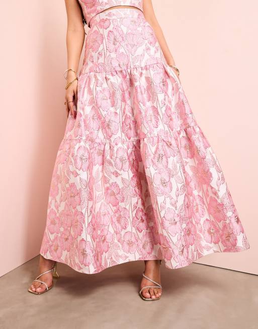 ASOS LUXE co-ord jacquard tiered maxi skirt with bow back in pink floral  print