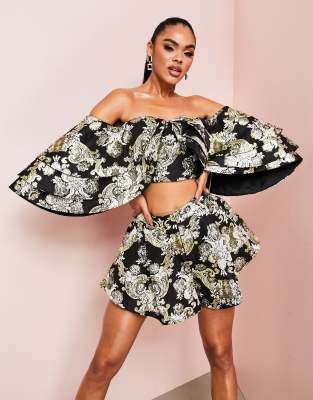 ASOS LUXE ASOS LUXE co-ord jacquard triple ruffle bardot top in black and gold-Multi