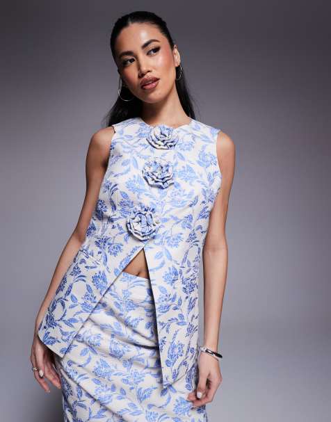 ASOS LUXE co-ord jacquard waist coat with 3D flowers in blue tapestry floral