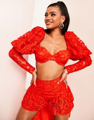 ASOS LUXE co-ord lace long sleeve crop top with puff sleeves in orange