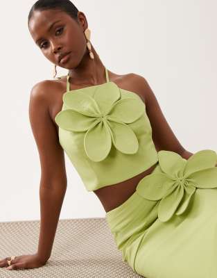 ASOS LUXE co-ord linen halter top with 3D flower in pistachio
