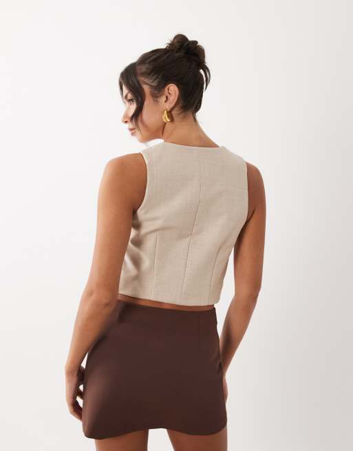 ASOS LUXE co-ord linen waistcoat with gold button detail in beige, 4 of 4