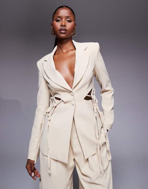 ASOS LUXE co-ord macrame blazer in stone - view 1