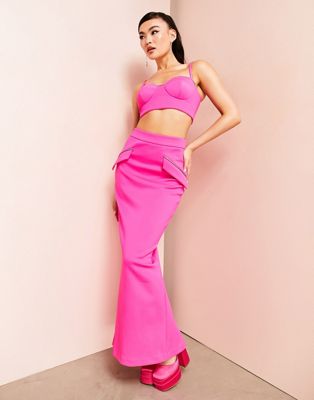 ASOS LUXE co-ord bralet top and midi skirt in hot pink