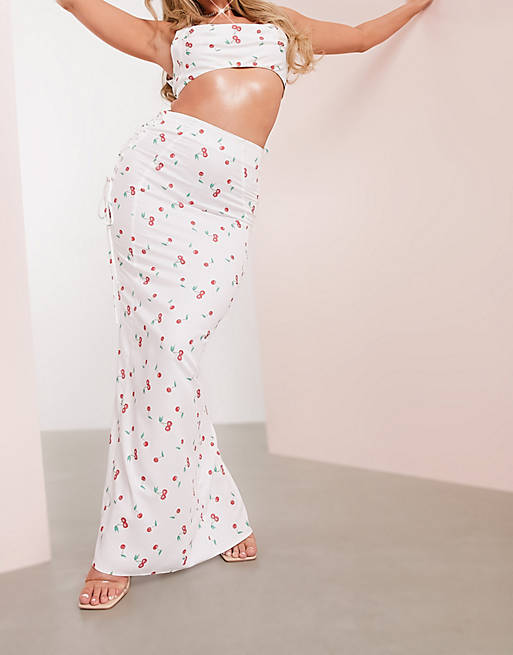 ASOS LUXE co-ord maxi skirt with lace up in cherry print