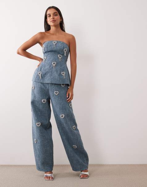 ASOS LUXE co-ord met versierde hartjes, bouclé barrel broek in donkerblauw - view 1