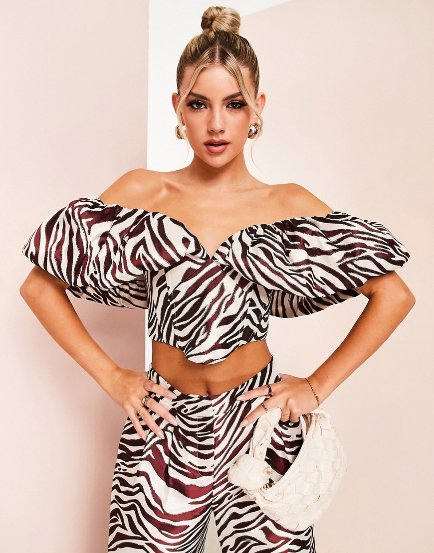 ASOS LUXE co-ord off shoulder puff sleeve top in zebra jacquard-Multi