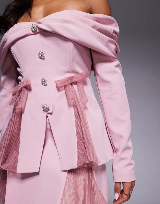 ASOS LUXE co-ord  off shoulder tailored blazer with organza pleats in dusty pink, 4 of 4