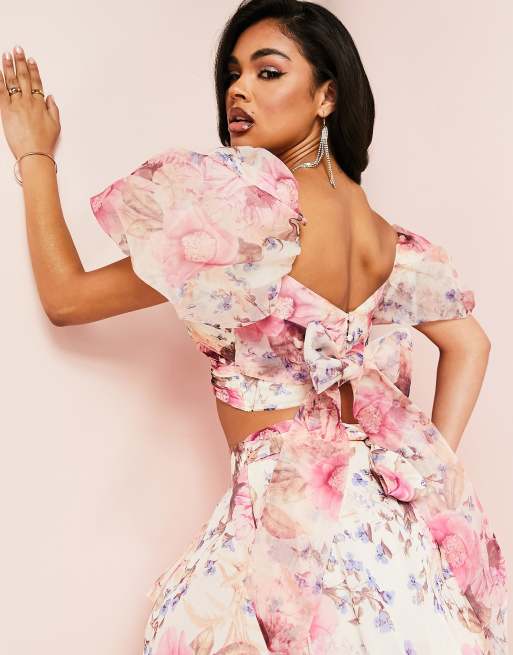 ASOS LUXE co-ord organza puff sleeve top with bow back in floral print 