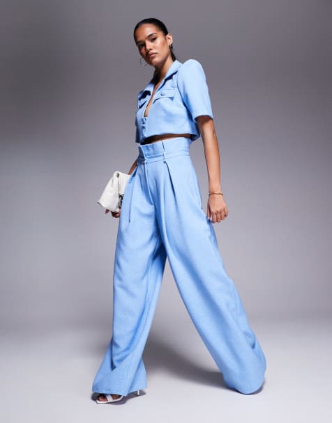 ASOS LUXE co-ord paper bag style trouser in light blue - view 1
