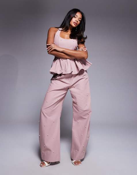 ASOS LUXE co-ord pearl embellished cotton twill barrel trouser in pink