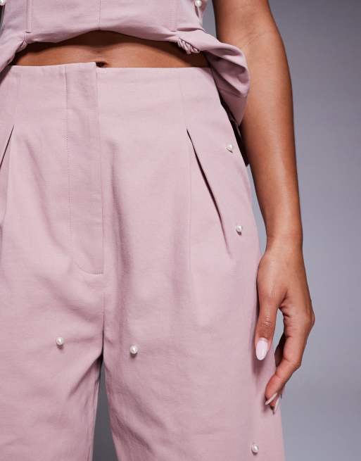 ASOS LUXE co-ord pearl embellished cotton twill barrel trouser in pink, 4 of 5
