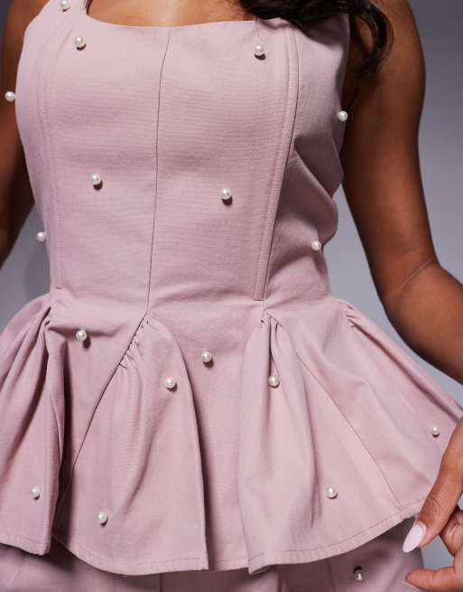 ASOS LUXE co-ord pearl embellished cotton twill corset peplum top in pink, 4 of 4