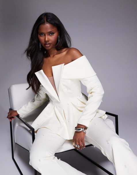 ASOS LUXE co-ord pearl embellished off shoulder tailored blazer in cream - view 1