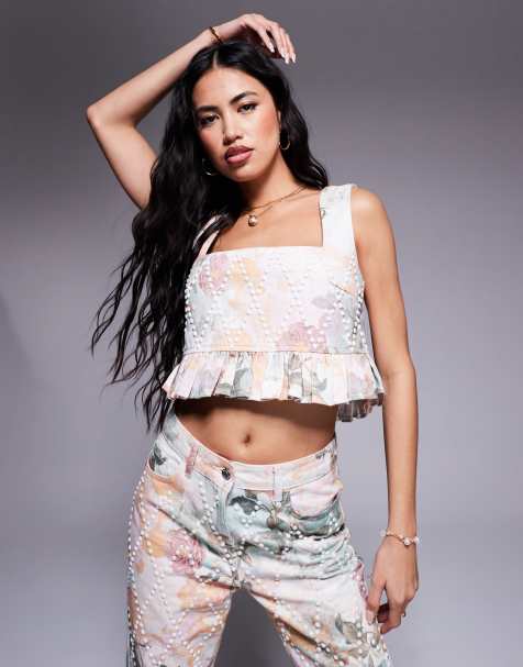 ASOS LUXE co-ord pearl embellished peplum printed denim top in floral print - view 1