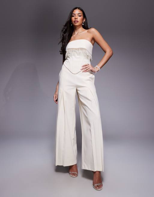 ASOS LUXE co-ord pearl trim sculpted linen corset top in cream, 2 of 4