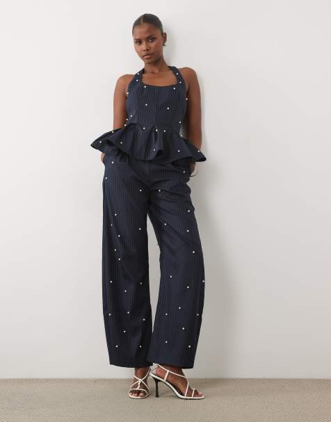 ASOS LUXE co-ord peplum corset top and barrel trouser with pearls in navy pinstripe - view 1