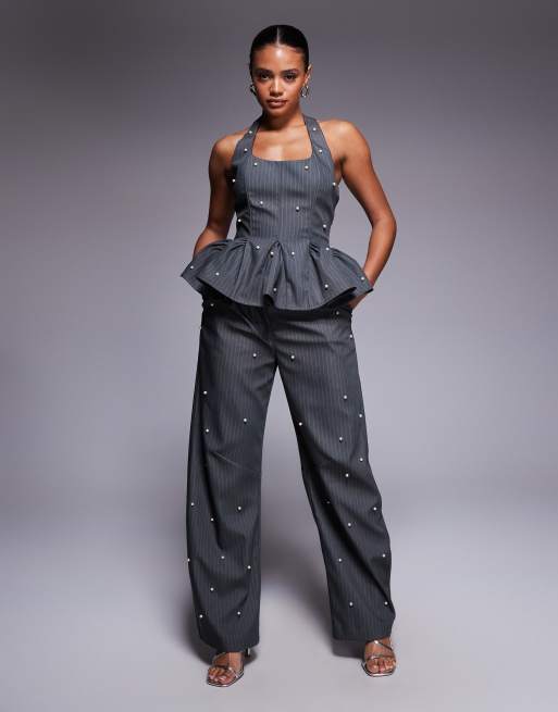 ASOS LUXE co-ord peplum corset top with pearls in grey pinstripe, 2 of 4