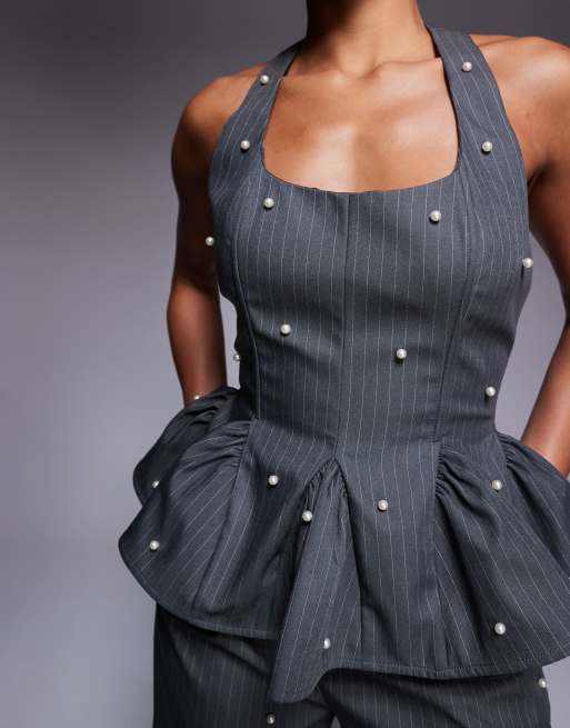 ASOS LUXE co-ord peplum corset top with pearls in grey pinstripe, 3 of 4