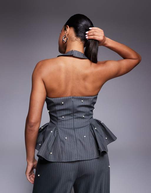 ASOS LUXE co-ord peplum corset top with pearls in grey pinstripe, 4 of 4