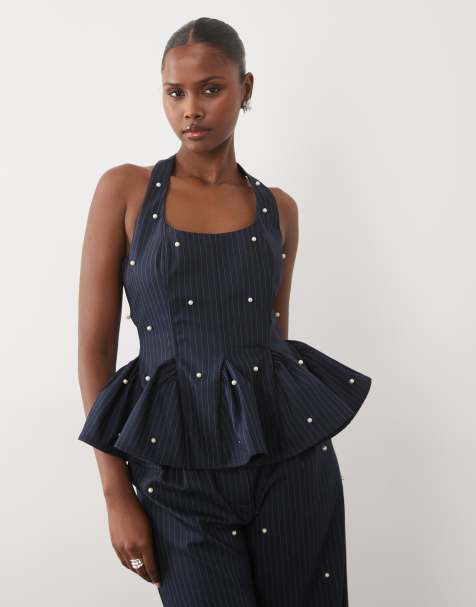 ASOS LUXE co-ord peplum corset top with pearls in navy pinstripe - view 1