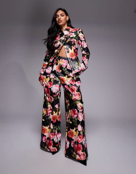 ASOS LUXE co-ord pleated wide leg PU trousers in floral print - view 1