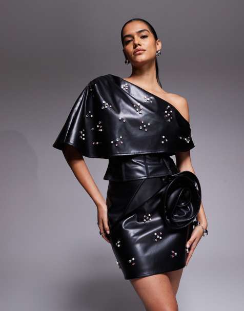 ASOS LUXE co-ord PU mini skirt with embellishment and corsage in black - view 1