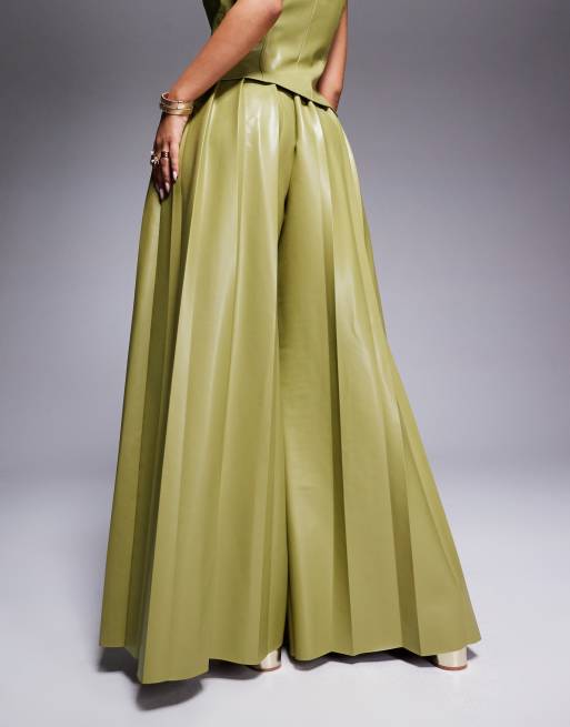 ASOS LUXE co-ord PU super wide leg pleated trouser in olive, 4 of 5