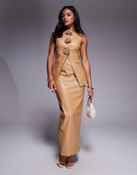 ASOS LUXE co-ord PU tailored skirt with split back in tan - view 1