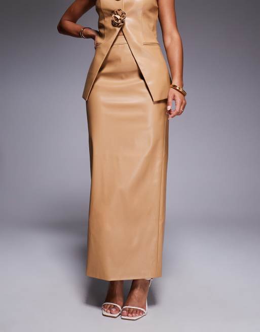 ASOS LUXE co-ord PU tailored skirt with split back in tan, 2 of 5