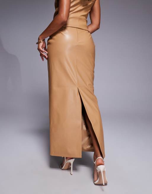 ASOS LUXE co-ord PU tailored skirt with split back in tan, 4 of 5