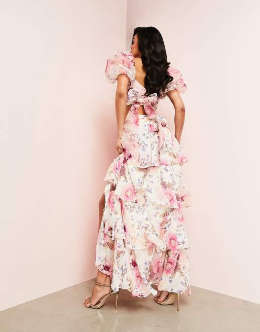ASOS LUXE co-ord ruched wrap tiered maxi skirt in floral print ASOS