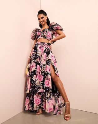 ASOS LUXE co-ord ruched wrap tiered maxi skirt in floral print - ASOS Price Checker