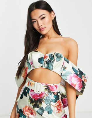 ASOS LUXE co-ord satin bardot crop top with bow in floral print