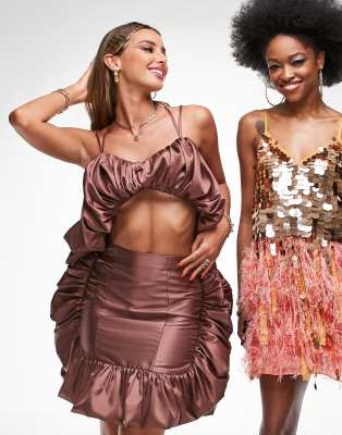 ASOS LUXE ASOS LUXE co-ord satin bubble ruffle mini skirt in chocolate-Brown