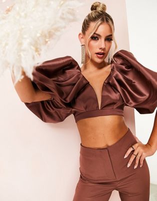 ASOS LUXE co-ord satin exaggerated puff sleeve plunge crop top in brown