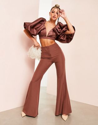 ASOS LUXE co-ord satin flare trousers in brown