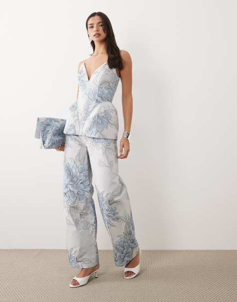 ASOS LUXE co-ord sculpted jacquard top, barrel trouser and soft fold over clutch in blue floral - view 1