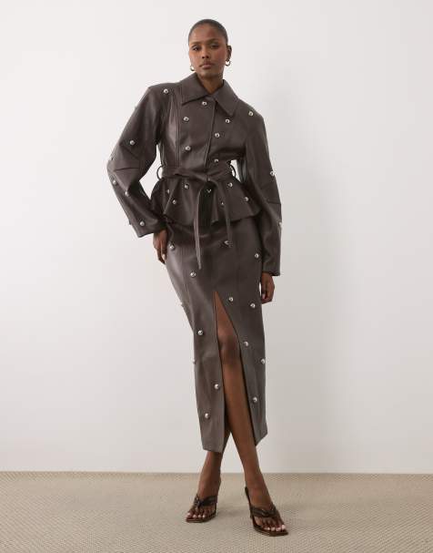 ASOS LUXE - Co-ord set van PU van blazer met studs en kokerrok met riem in chocoladebruin - view 1