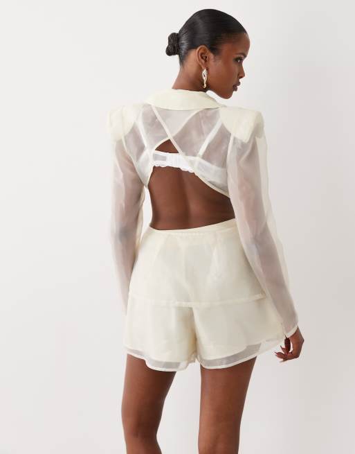 ASOS LUXE co-ord sheer cinched blazer top in white, 4 of 4