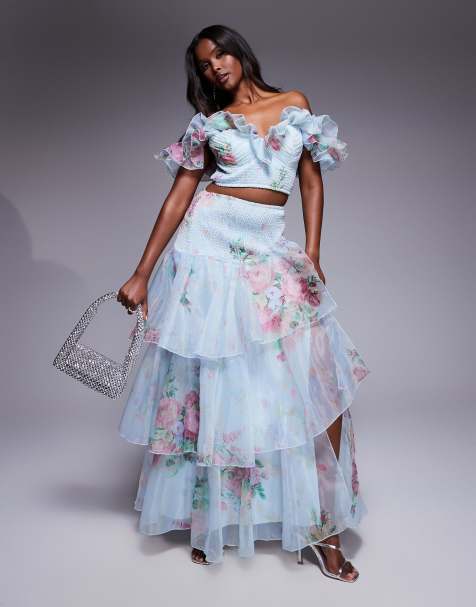 ASOS LUXE co-ord shirred chiffon maxi skirt in blue floral